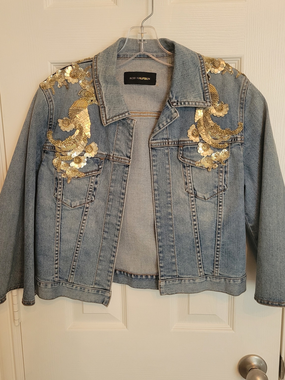 Kobi Halperin Blue Denim Jacket with Gold Sequin Embellishment